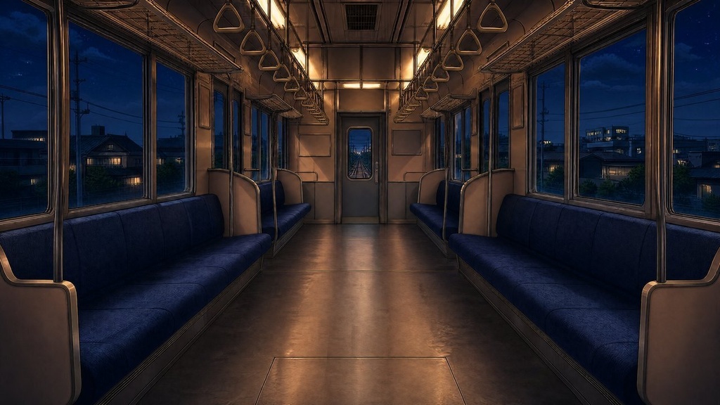 【配信・TRPG背景】電車の車内|昼夕夜・雨・深夜の5差分15枚|横4K・FHD・縦|VTuber・ココフォリア・商用OK