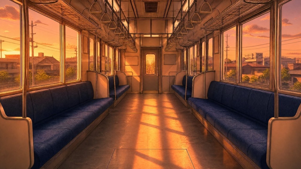 【配信・TRPG背景】電車の車内|昼夕夜・雨・深夜の5差分15枚|横4K・FHD・縦|VTuber・ココフォリア・商用OK