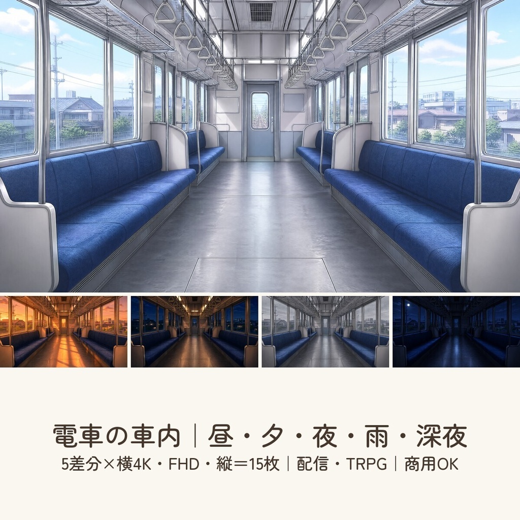 【配信・TRPG背景】電車の車内｜昼夕夜・雨・深夜の5差分15枚｜横4K・FHD・縦｜VTuber・ココフォリア・商用OK