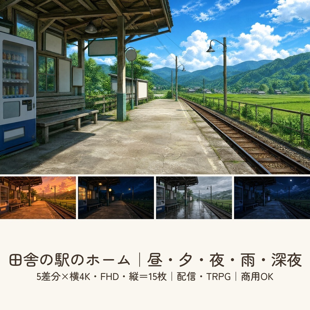 【配信・TRPG背景】田舎の駅のホーム｜昼夕夜・雨・深夜の5差分15枚｜横4K・FHD・縦｜VTuber・ココフォリア・商用OK