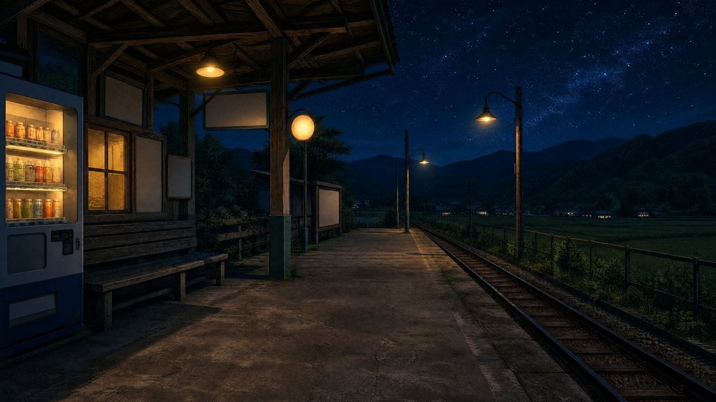 【配信・TRPG背景】田舎の駅のホーム|昼夕夜・雨・深夜の5差分15枚|横4K・FHD・縦|VTuber・ココフォリア・商用OK