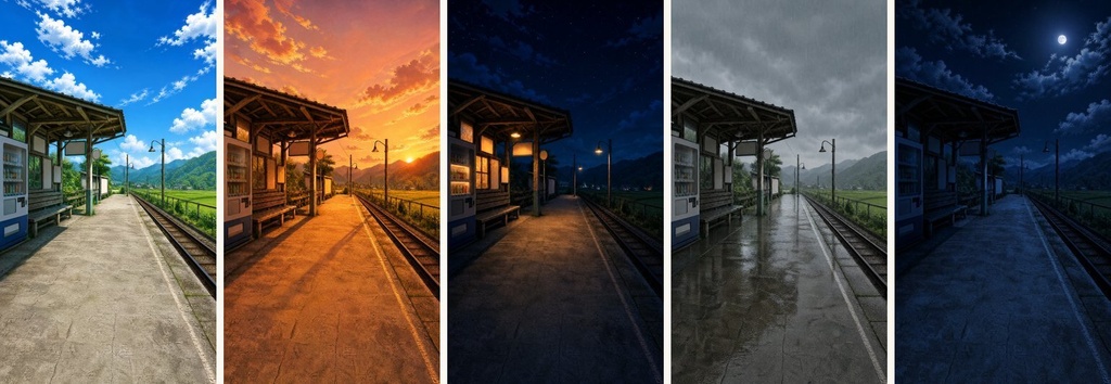 【配信・TRPG背景】田舎の駅のホーム|昼夕夜・雨・深夜の5差分15枚|横4K・FHD・縦|VTuber・ココフォリア・商用OK
