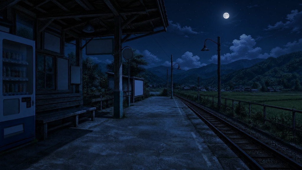 【配信・TRPG背景】田舎の駅のホーム|昼夕夜・雨・深夜の5差分15枚|横4K・FHD・縦|VTuber・ココフォリア・商用OK
