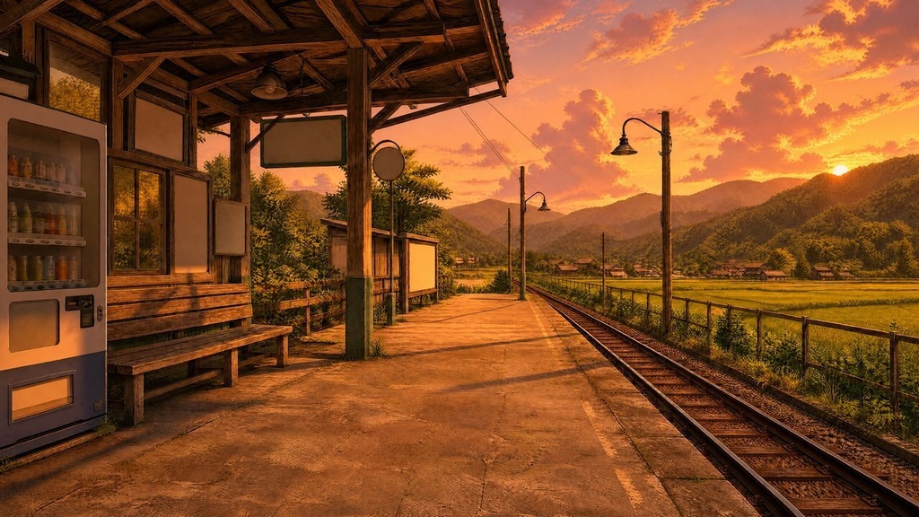 【配信・TRPG背景】田舎の駅のホーム|昼夕夜・雨・深夜の5差分15枚|横4K・FHD・縦|VTuber・ココフォリア・商用OK