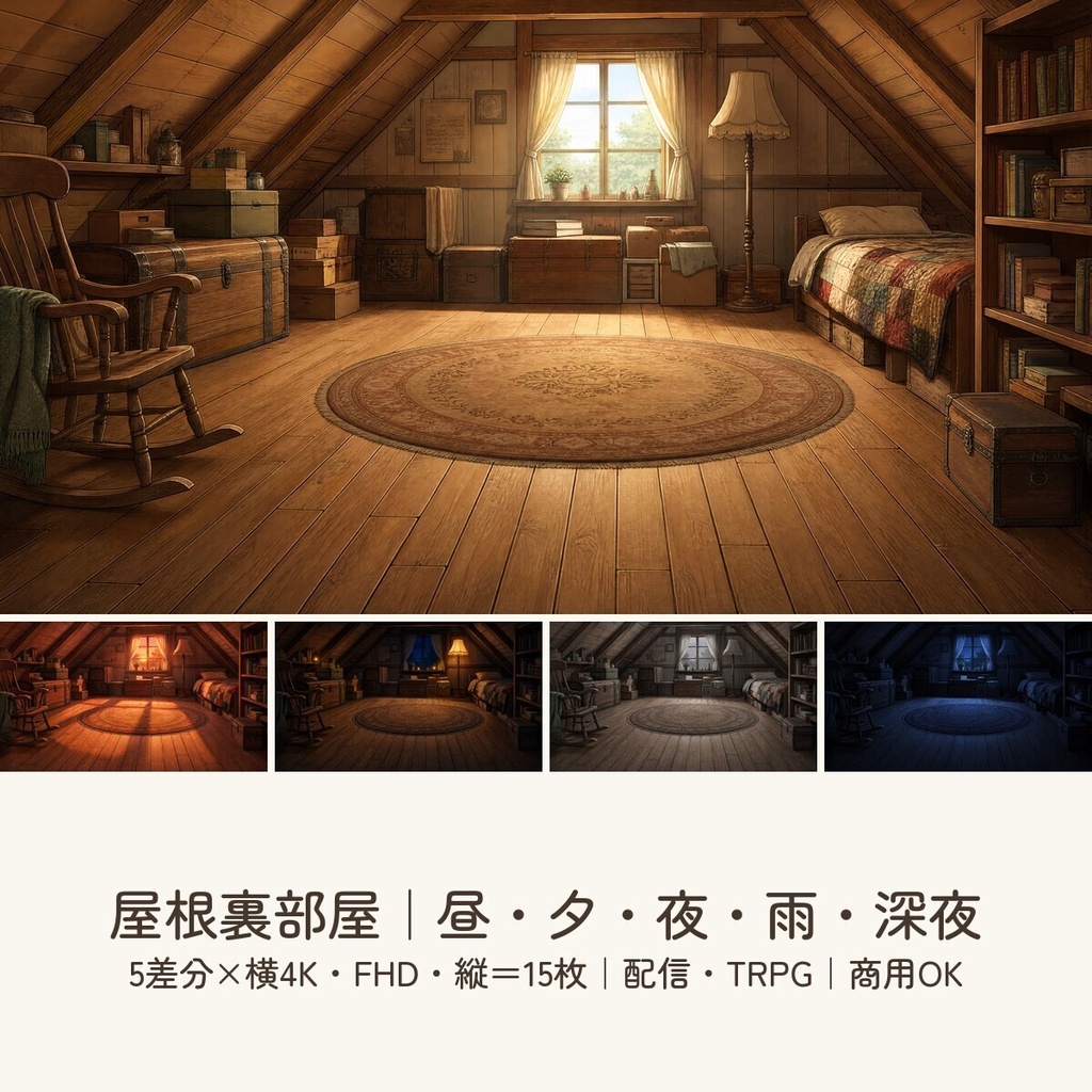 【配信・TRPG背景】屋根裏部屋｜昼夕夜・雨・深夜の5差分15枚｜横4K・FHD・縦｜VTuber・ココフォリア・商用OK
