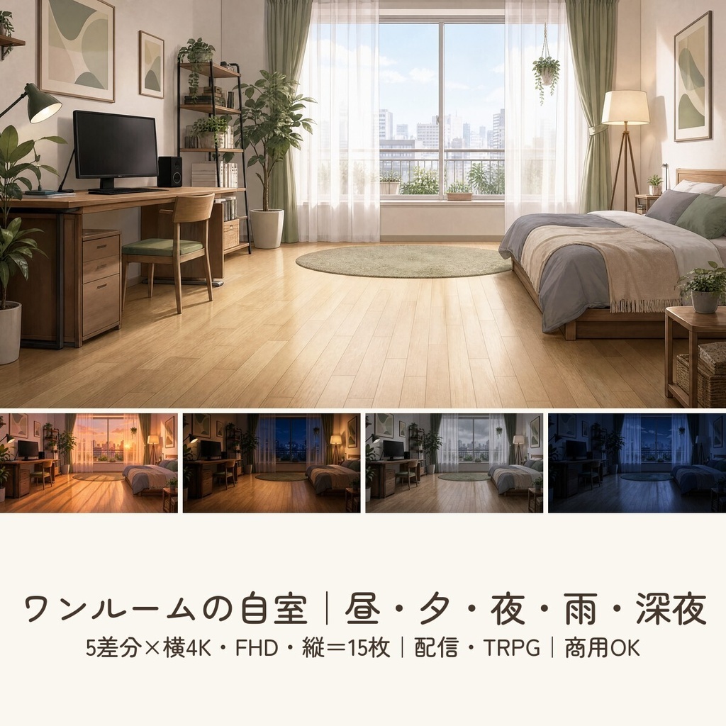 【配信・TRPG背景】ワンルームの自室｜昼夕夜・雨・深夜の5差分15枚｜横4K・FHD・縦｜VTuber・ココフォリア・商用OK