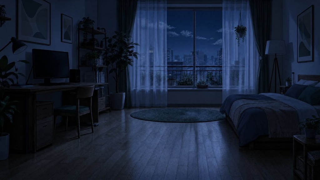 【配信・TRPG背景】ワンルームの自室|昼夕夜・雨・深夜の5差分15枚|横4K・FHD・縦|VTuber・ココフォリア・商用OK