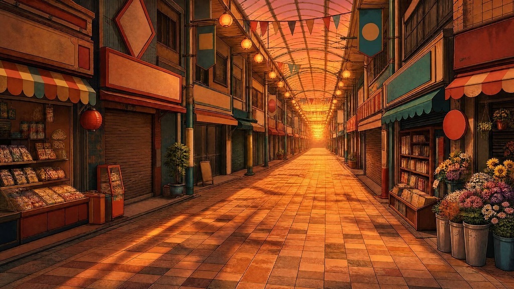 【配信・TRPG背景】レトロな商店街|昼夕夜・雨・深夜の5差分15枚|横4K・FHD・縦|VTuber・ココフォリア・商用OK