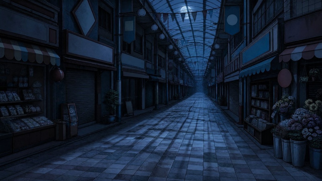 【配信・TRPG背景】レトロな商店街|昼夕夜・雨・深夜の5差分15枚|横4K・FHD・縦|VTuber・ココフォリア・商用OK