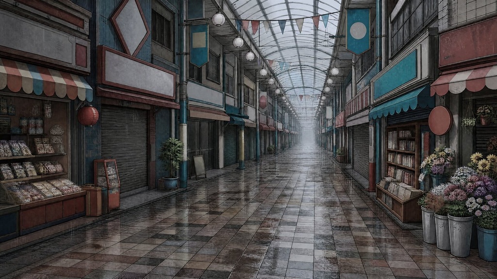 【配信・TRPG背景】レトロな商店街|昼夕夜・雨・深夜の5差分15枚|横4K・FHD・縦|VTuber・ココフォリア・商用OK