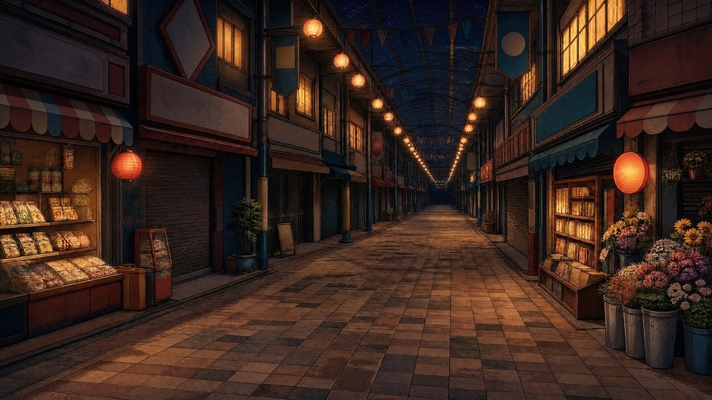 【配信・TRPG背景】レトロな商店街|昼夕夜・雨・深夜の5差分15枚|横4K・FHD・縦|VTuber・ココフォリア・商用OK