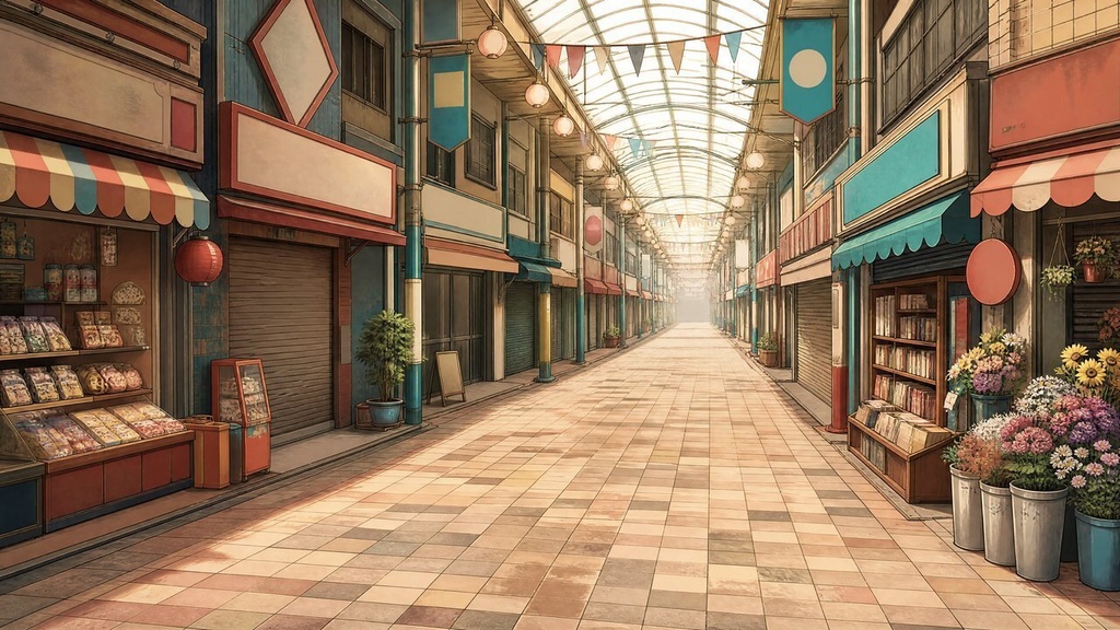 【配信・TRPG背景】レトロな商店街|昼夕夜・雨・深夜の5差分15枚|横4K・FHD・縦|VTuber・ココフォリア・商用OK