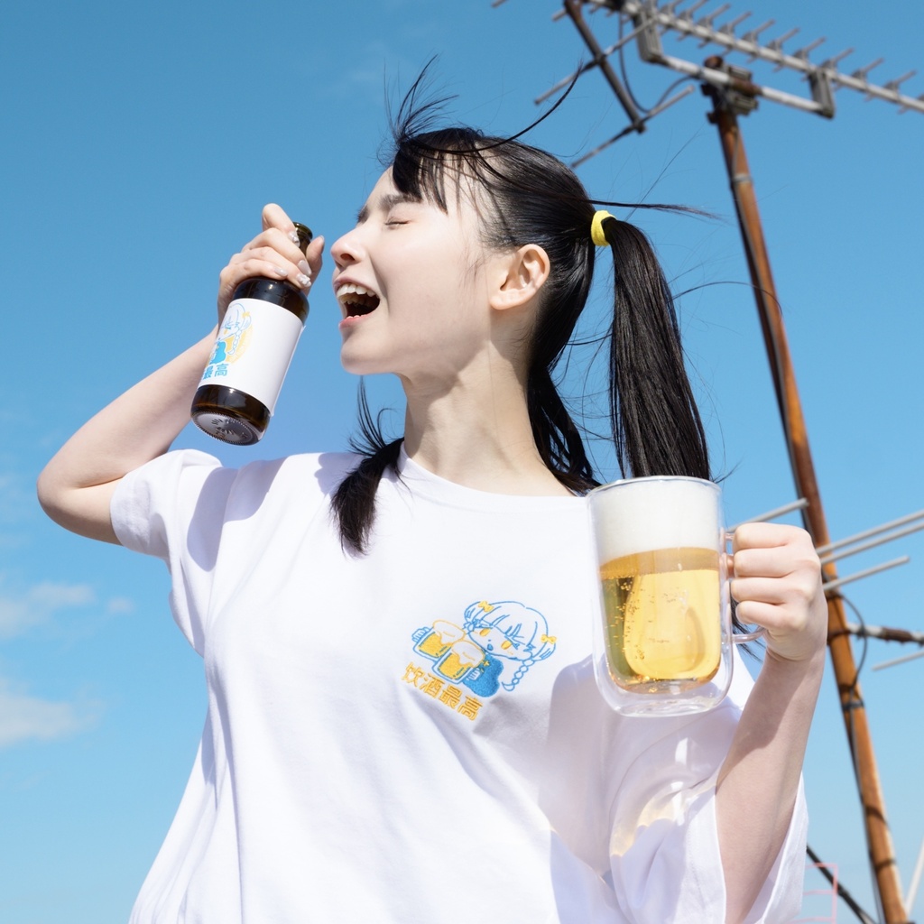 【XLサイズ】ビッグシルエット飲酒最高Tシャツ【ホワイト×ブルー】