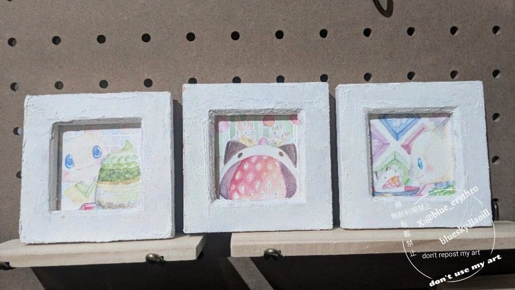 ミニ原画　うさぎとねこと和菓子