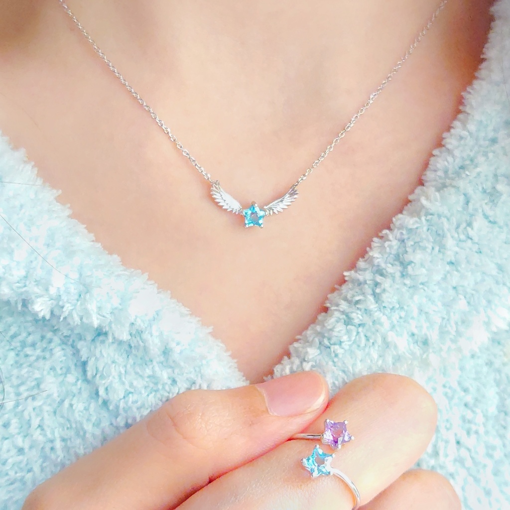 キラキラ星型紫水晶/スイスブルートパーズ翼シルバーネックレス