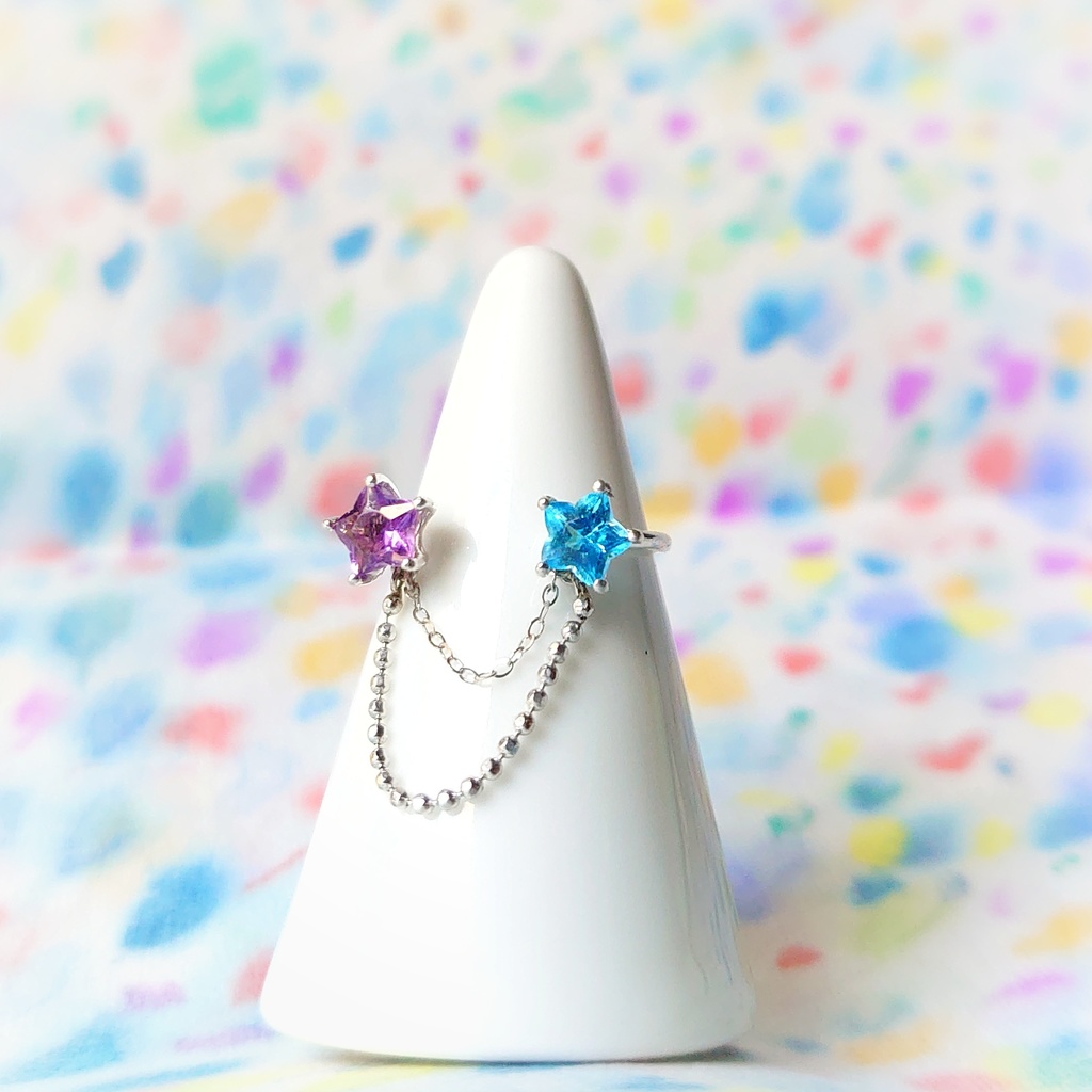 双子の星紫水晶とスイスブルートパーズ / ペリドットと黄水晶。チェーンシルバー指輪リング