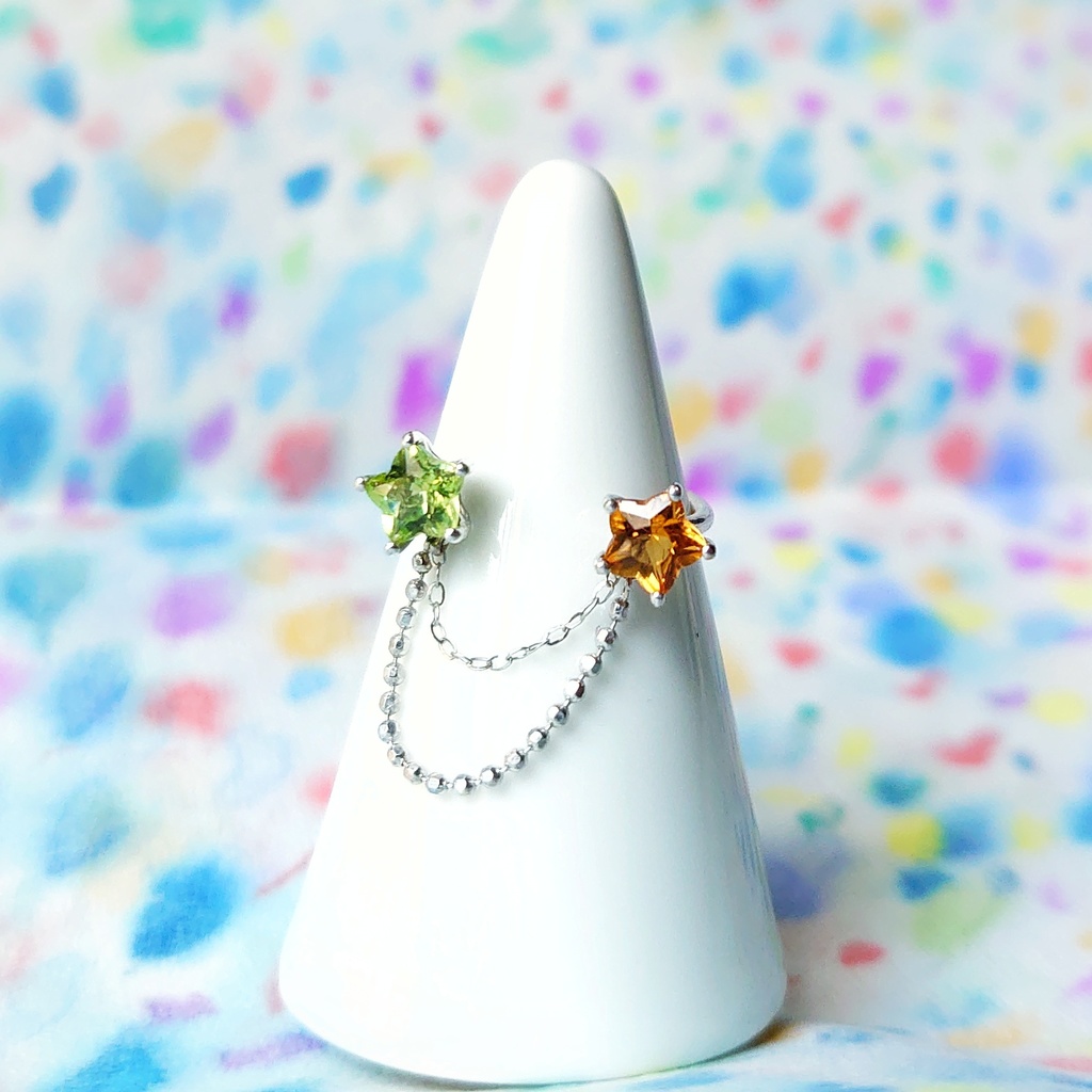 双子の星紫水晶とスイスブルートパーズ / ペリドットと黄水晶。チェーンシルバー指輪リング