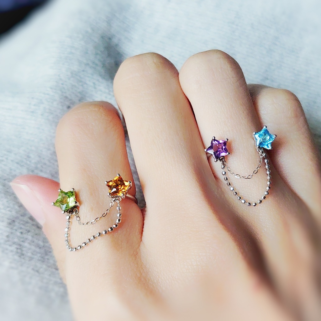 双子の星紫水晶とスイスブルートパーズ / ペリドットと黄水晶。チェーンシルバー指輪リング