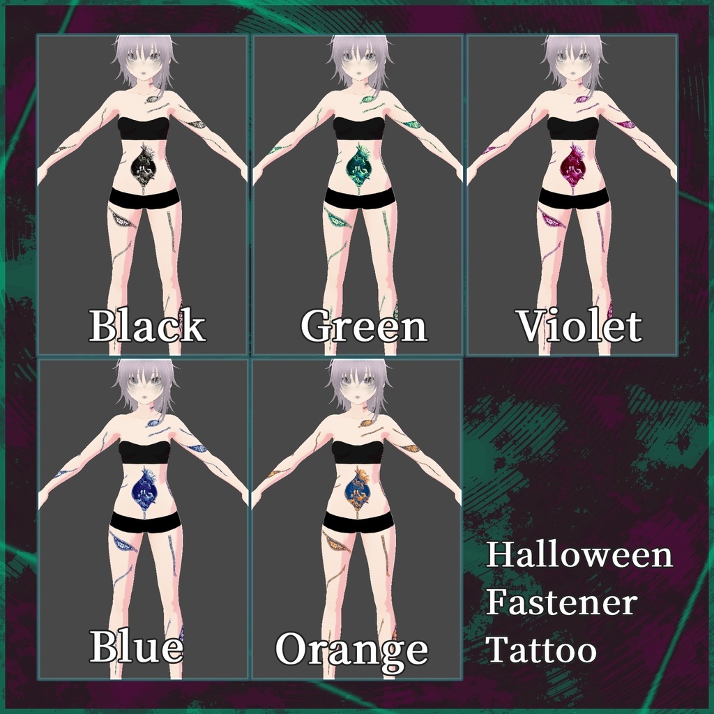 VRoid用【タトゥー5色&ハロウィンメイク5種セット】Fastener Tattoo 5colors&Halloween Make 5style Set