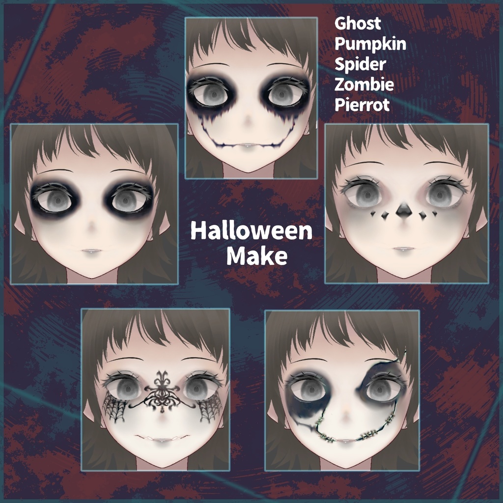 VRoid用【タトゥー5色&ハロウィンメイク5種セット】Fastener Tattoo 5colors&Halloween Make 5style Set