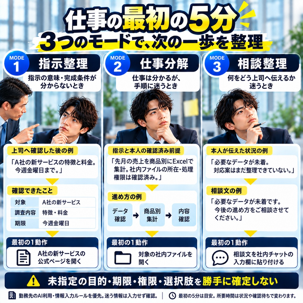 仕事の最初の5分 完全版|AI仕事整理キット【3モード・9ファイル】