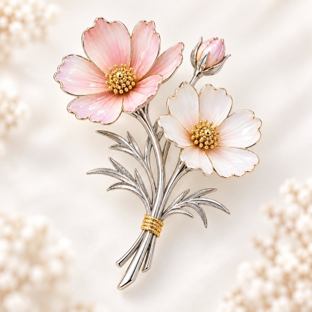 コスモスの花束ブローチ|七宝焼で仕立てた秋色フラワージュエリー