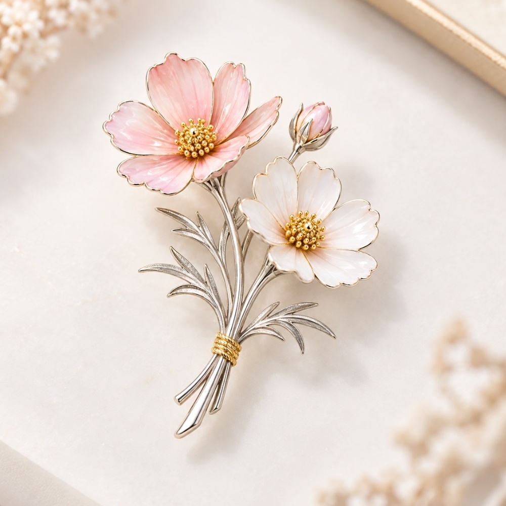 コスモスの花束ブローチ｜七宝焼で仕立てた秋色フラワージュエリー