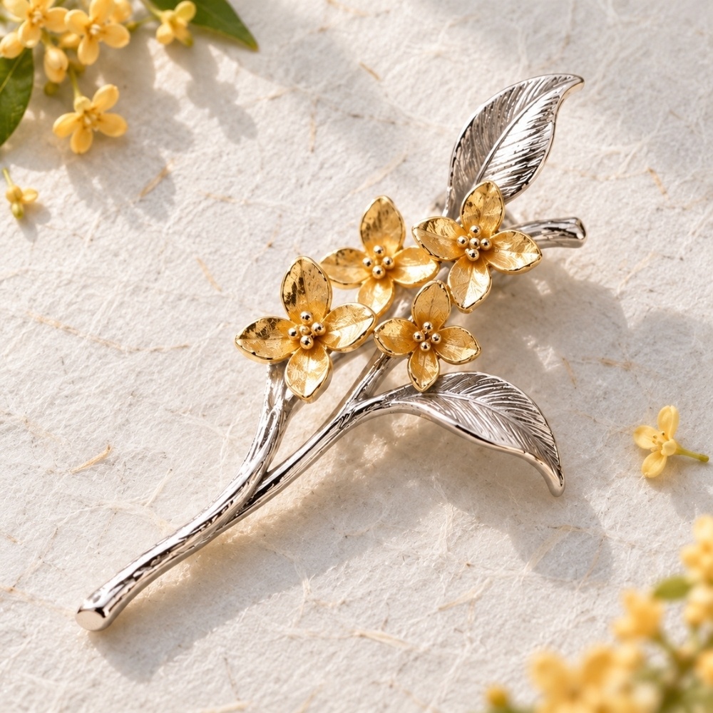小さな金木犀の花枝ブローチ｜シルバーとゴールドの繊細なジュエリー