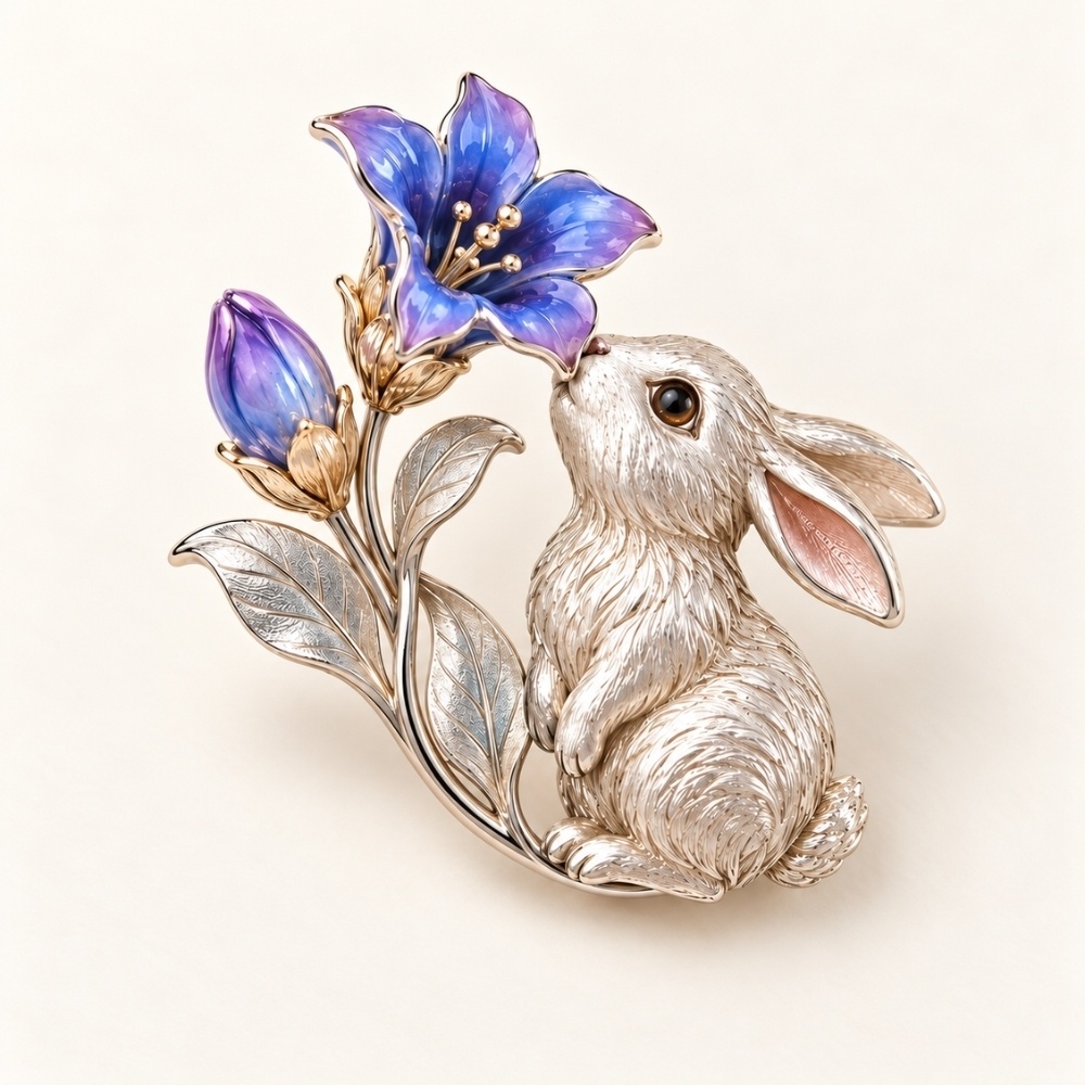 リンドウの花を嗅ぐうさぎのミニピンブローチ|青紫の七宝焼と銀色の小さな物語