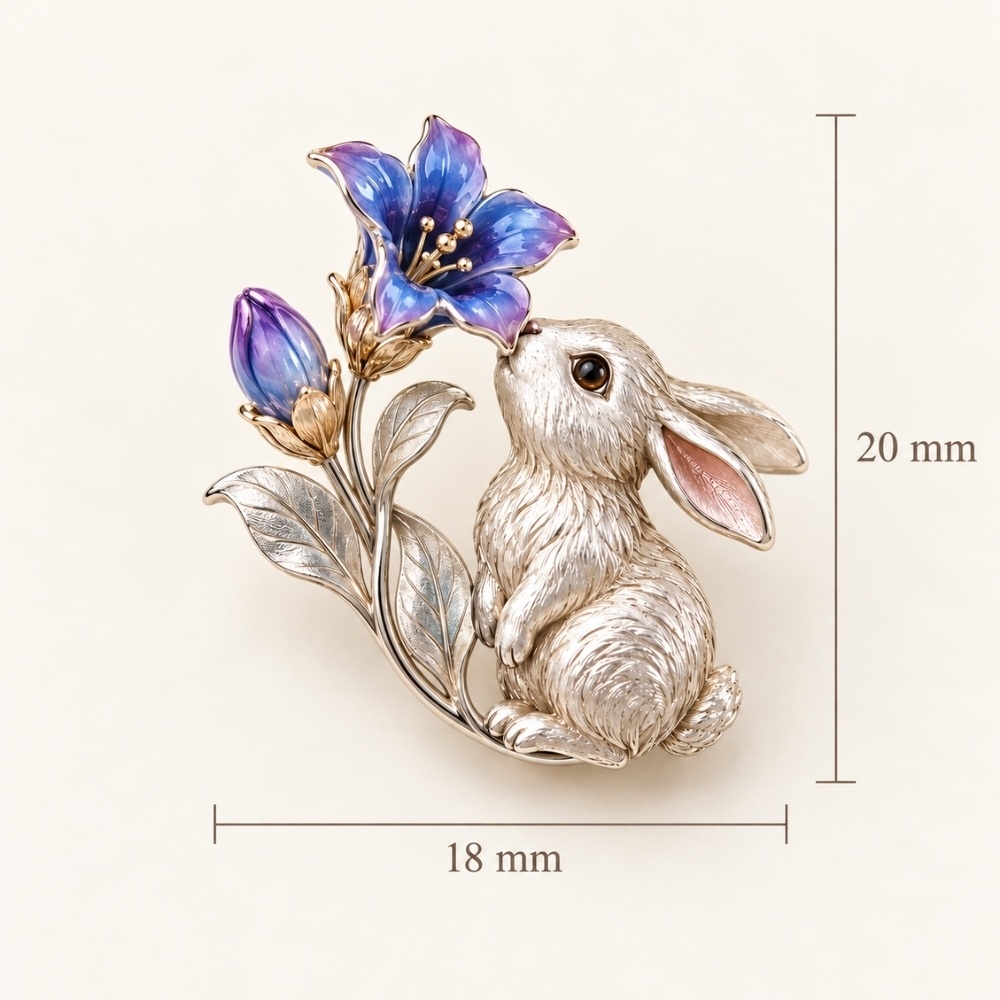 リンドウの花を嗅ぐうさぎのミニピンブローチ|青紫の七宝焼と銀色の小さな物語