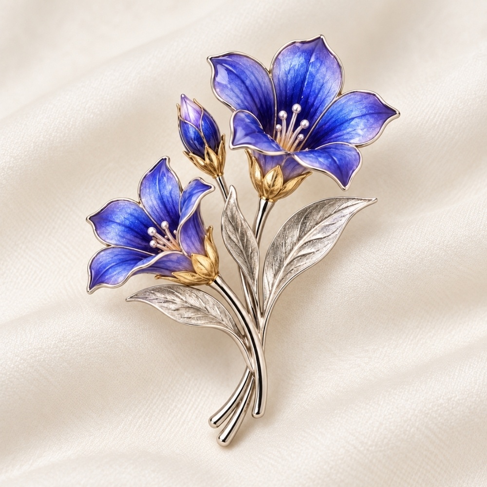 リンドウの花束ブローチ｜青紫の七宝焼とシルバーの上品な輝き