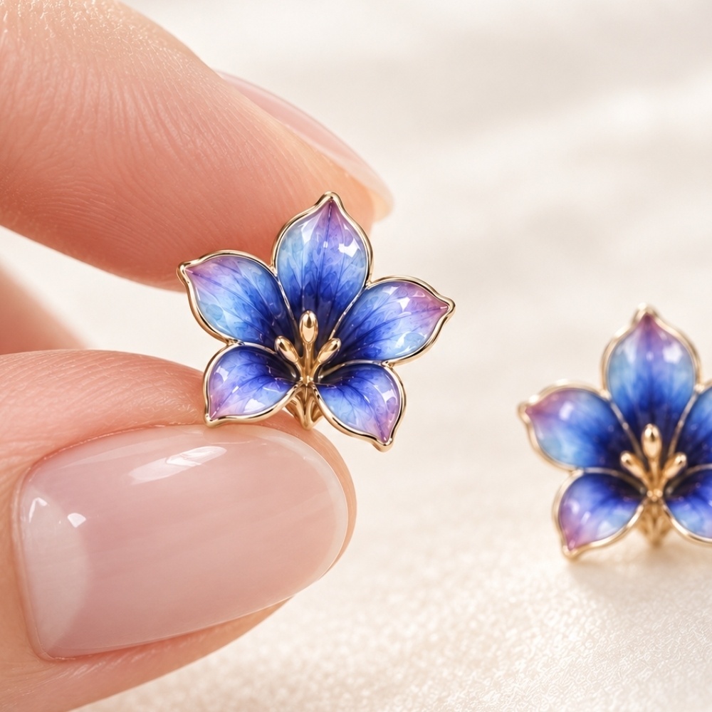 凛と咲くリンドウの花ピアス|青紫グラデーションの七宝焼ジュエリー