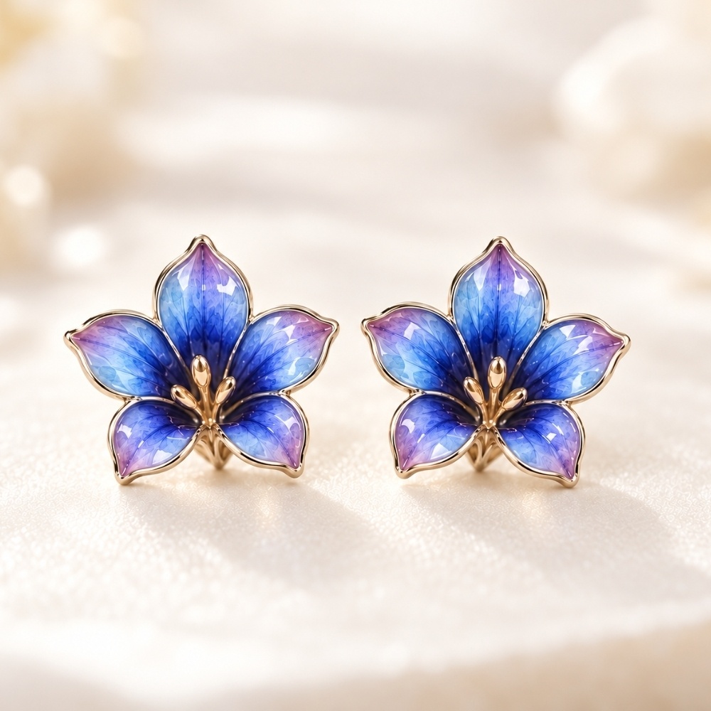 凛と咲くリンドウの花ピアス｜青紫グラデーションの七宝焼ジュエリー