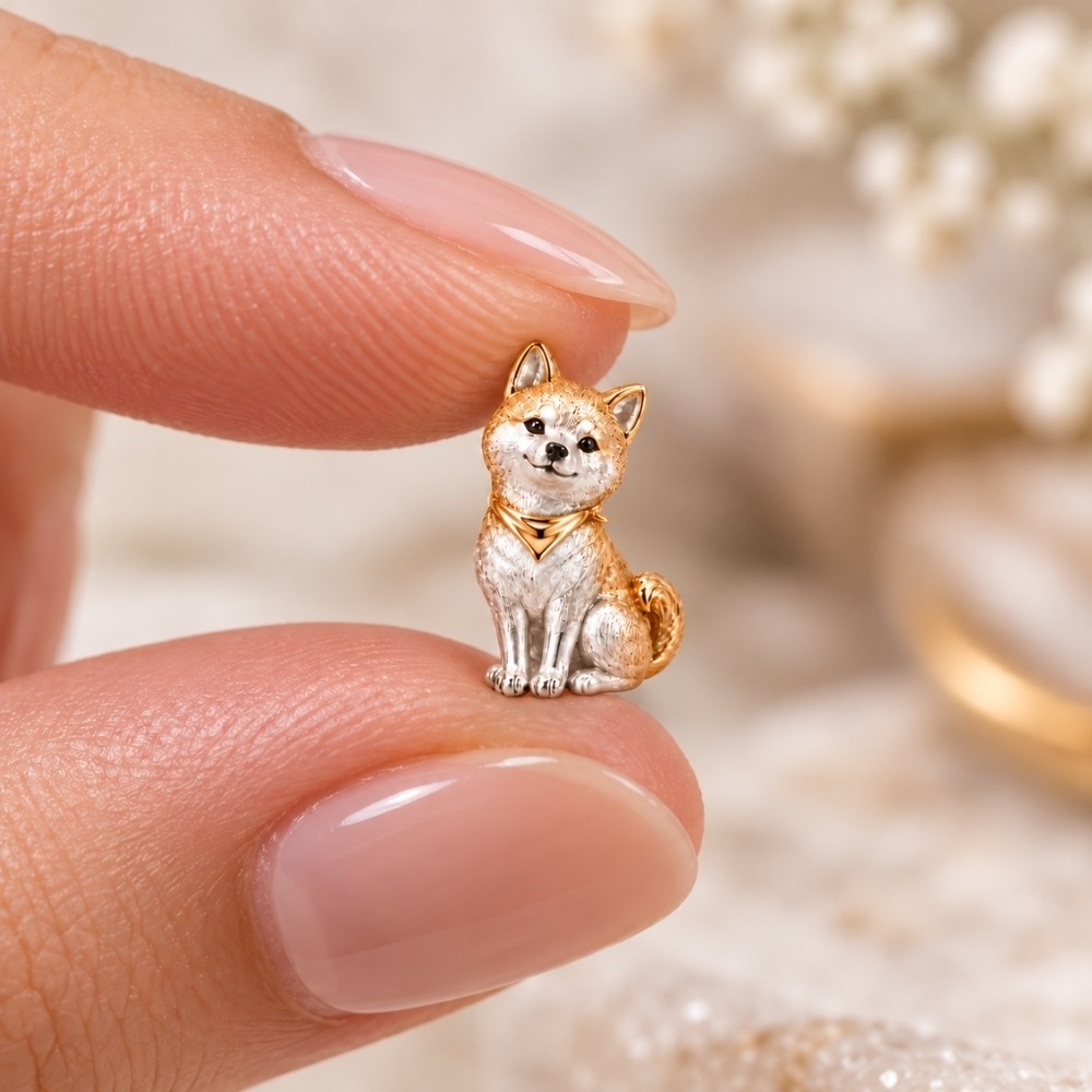 金色のバンダナを巻いた柴犬のアシンメトリーピアス|シルバーとゴールドの小さなわんこジュエリー