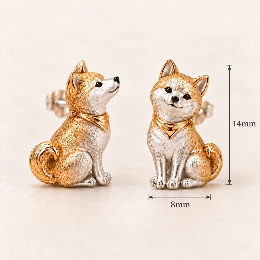 金色のバンダナを巻いた柴犬のアシンメトリーピアス|シルバーとゴールドの小さなわんこジュエリー