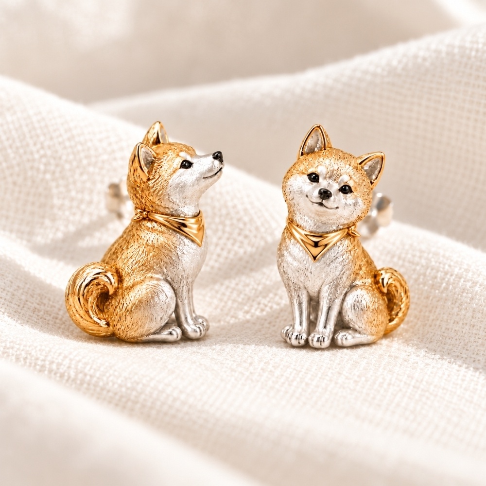 金色のバンダナを巻いた柴犬のアシンメトリーピアス｜シルバーとゴールドの小さなわんこジュエリー