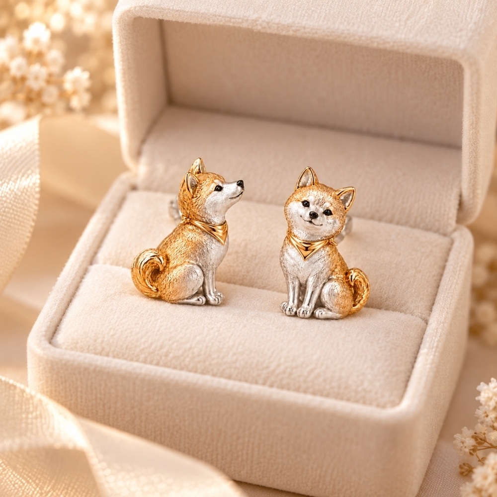 金色のバンダナを巻いた柴犬のアシンメトリーピアス|シルバーとゴールドの小さなわんこジュエリー