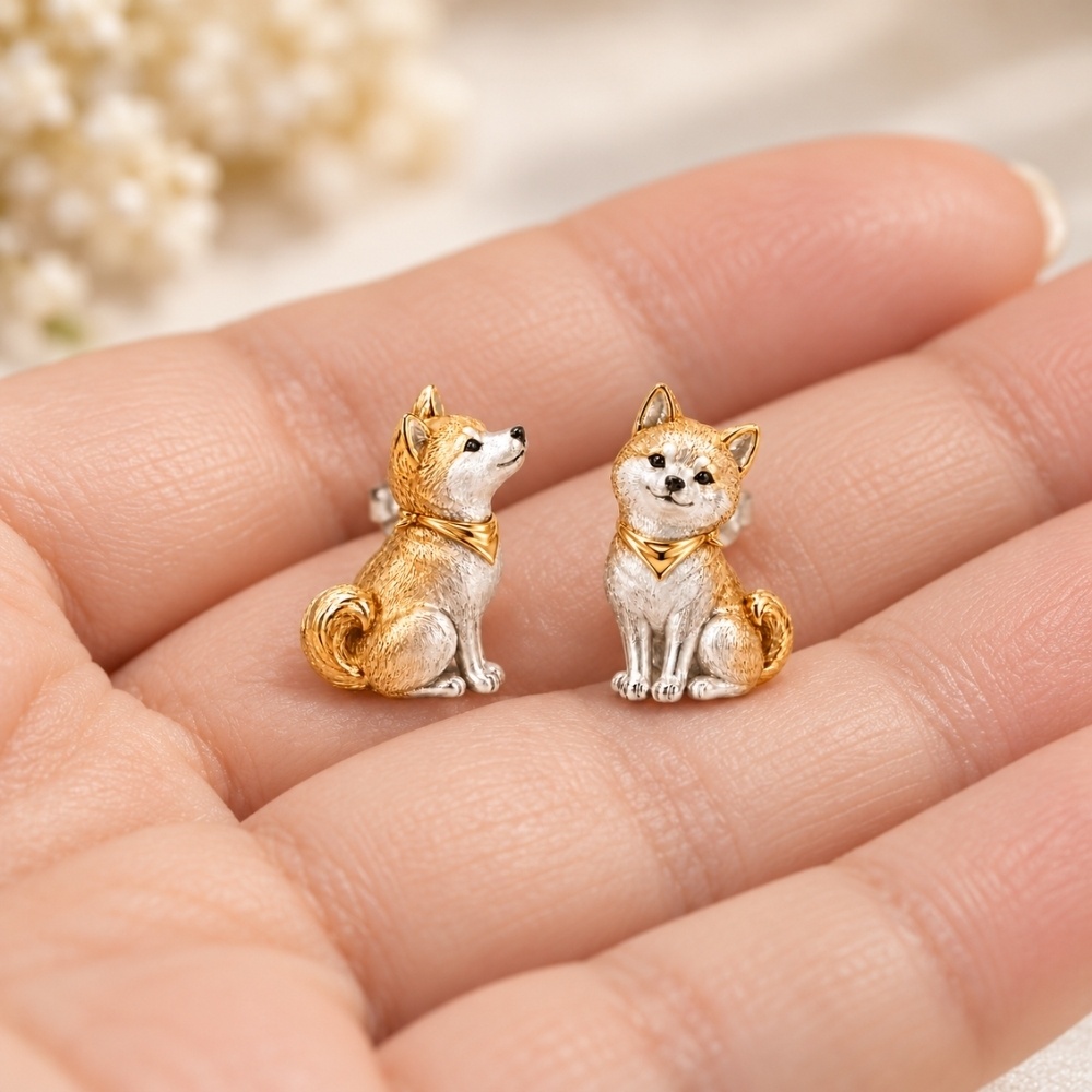 金色のバンダナを巻いた柴犬のアシンメトリーピアス|シルバーとゴールドの小さなわんこジュエリー