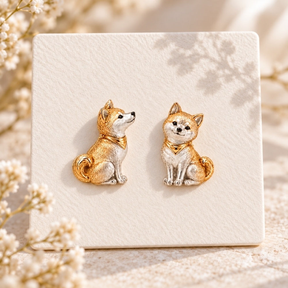 金色のバンダナを巻いた柴犬のアシンメトリーピアス|シルバーとゴールドの小さなわんこジュエリー