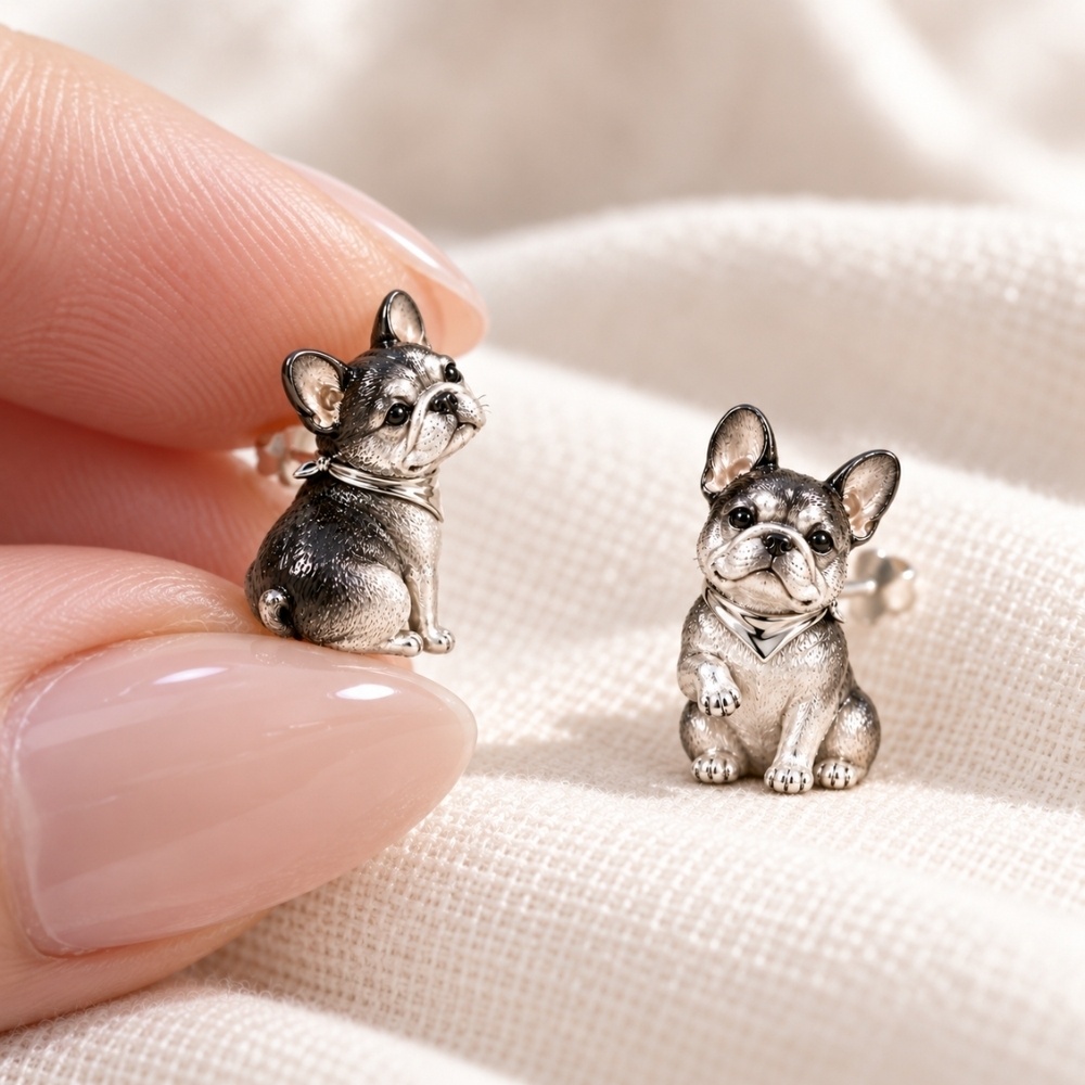 フレンチブルドッグのピアス|ブラックとシルバーで彩る、愛らしいおすわり姿