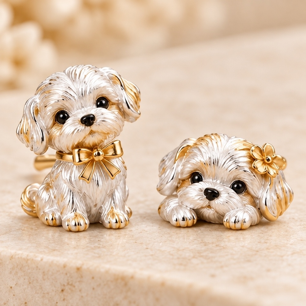 マルチーズ子犬のアシンメトリーピアス|金色のリボンと小花を添えた、小さなわんこジュエリー