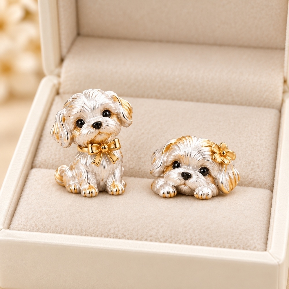 マルチーズ子犬のアシンメトリーピアス|金色のリボンと小花を添えた、小さなわんこジュエリー