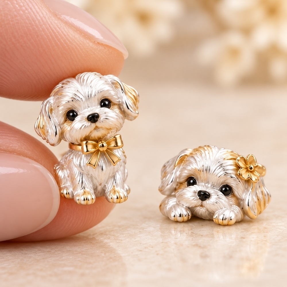 マルチーズ子犬のアシンメトリーピアス|金色のリボンと小花を添えた、小さなわんこジュエリー