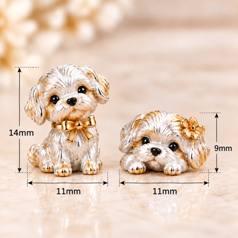 マルチーズ子犬のアシンメトリーピアス|金色のリボンと小花を添えた、小さなわんこジュエリー