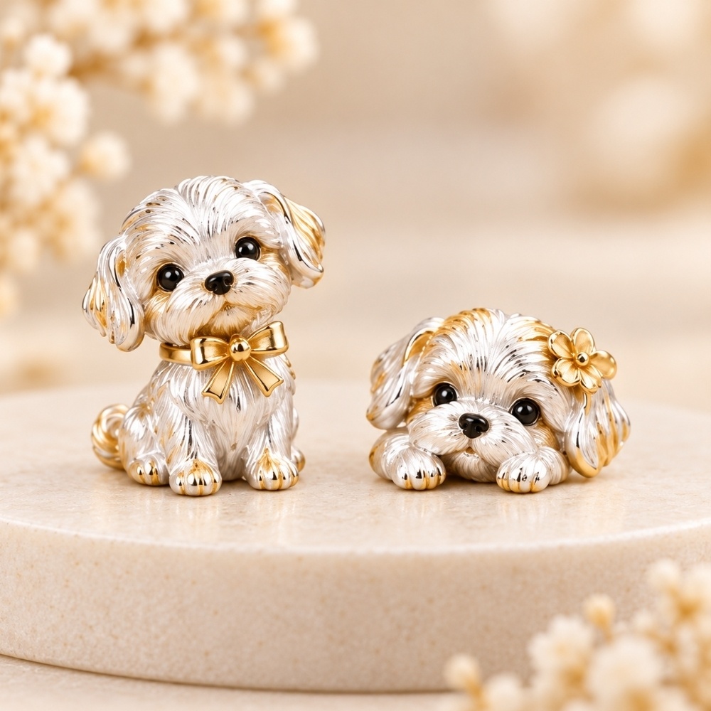 マルチーズ子犬のアシンメトリーピアス|金色のリボンと小花を添えた、小さなわんこジュエリー