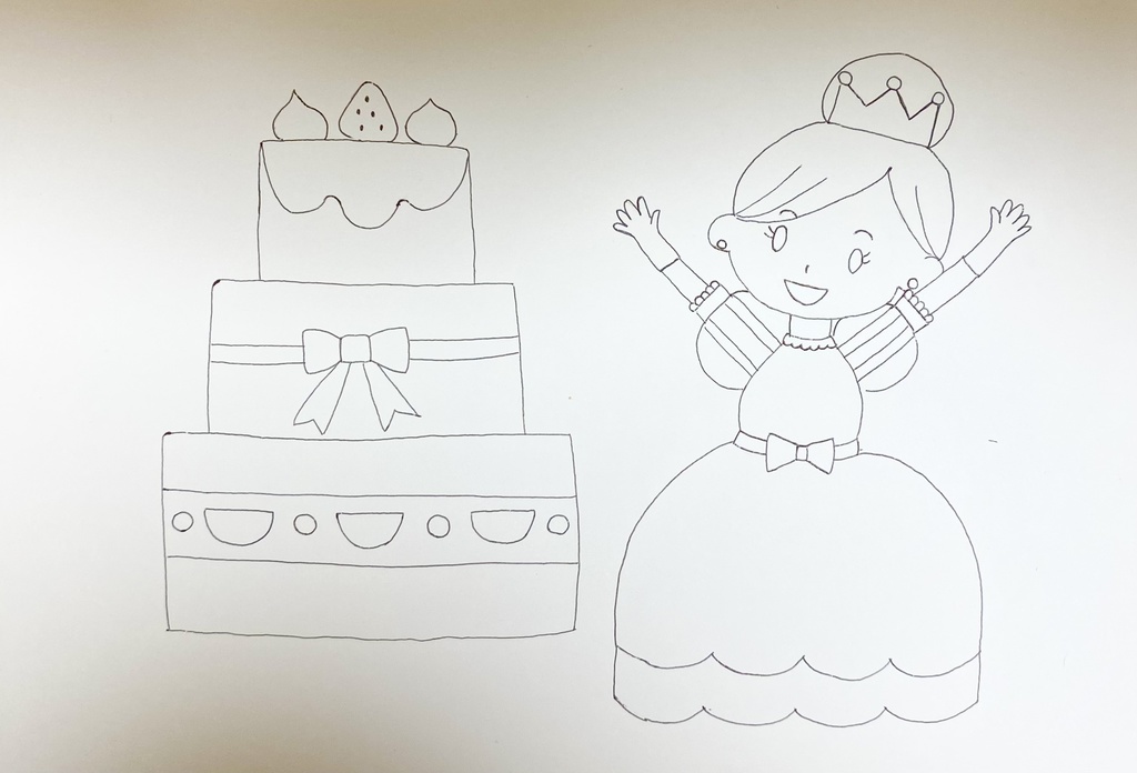 子ども用ぬりえ（プリンセスとケーキ）