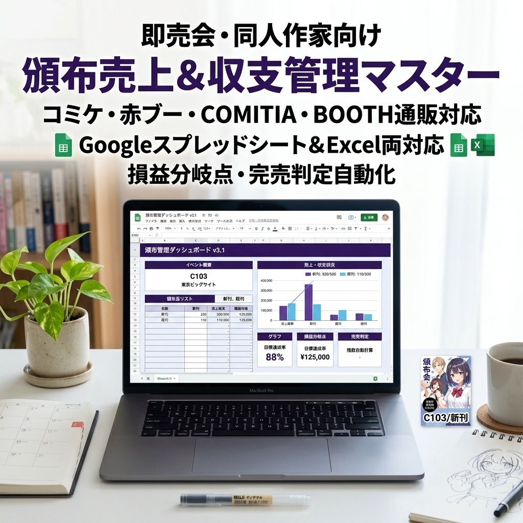 【即売会・同人作家向け】頒布数・売上・在庫・原価一括管理スプレッドシート（コミケ/赤ブー/COMITIA/BOOTH対応 / 自動集計＆損益分岐点GAS付属）