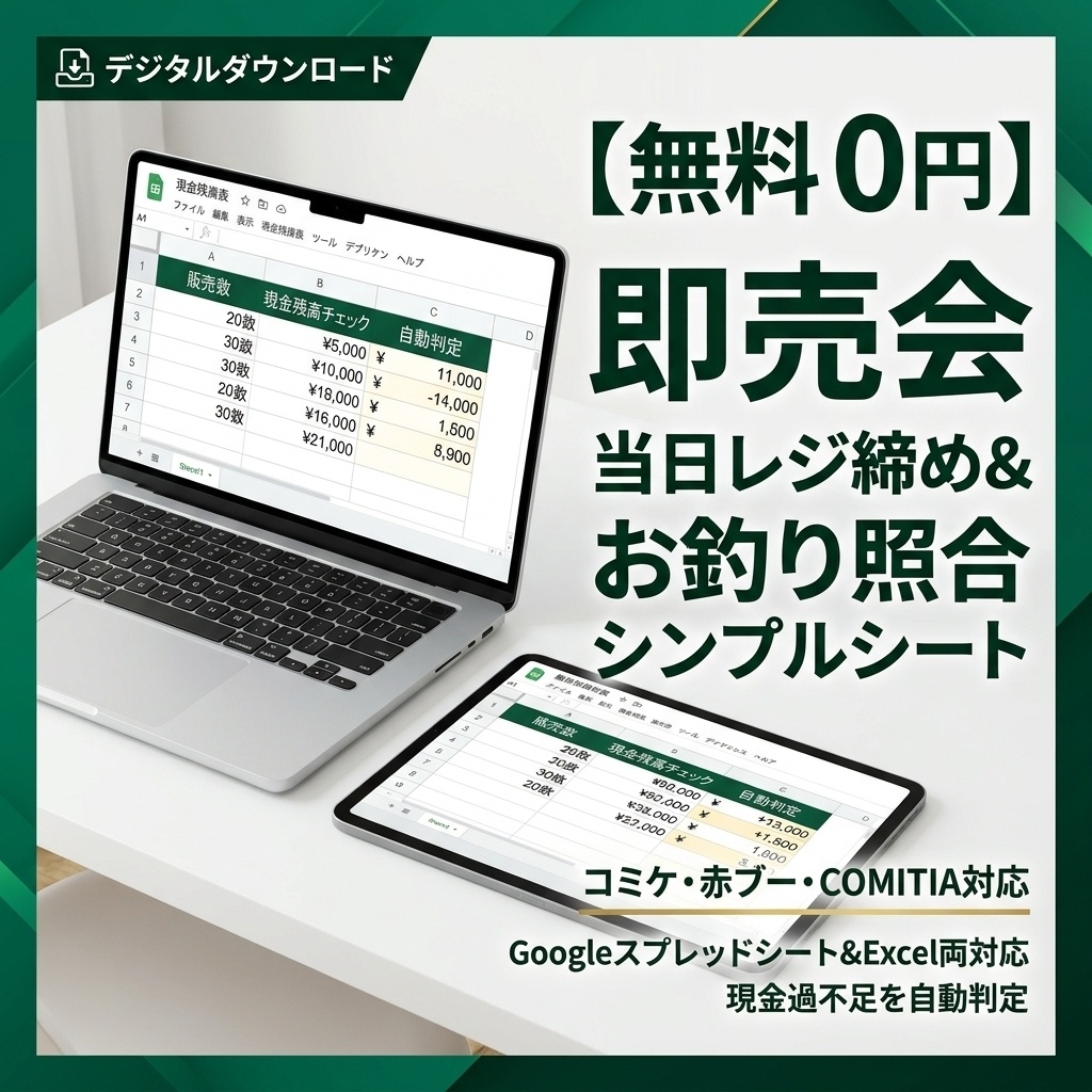 【無料・即稼働】同人即売会 当日レジ締め&お釣り照合シンプルシート(コミケ/赤ブー/COMITIA対応 / Googleスプレッドシート&Excel両対応 / 0円)