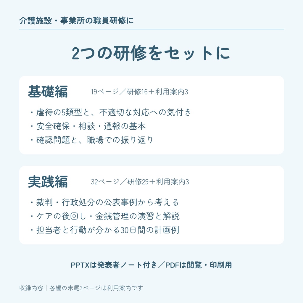 【PPTX+PDF】介護職向け 虐待防止研修|基礎編・実践編セット|事例・演習・行動計画付き