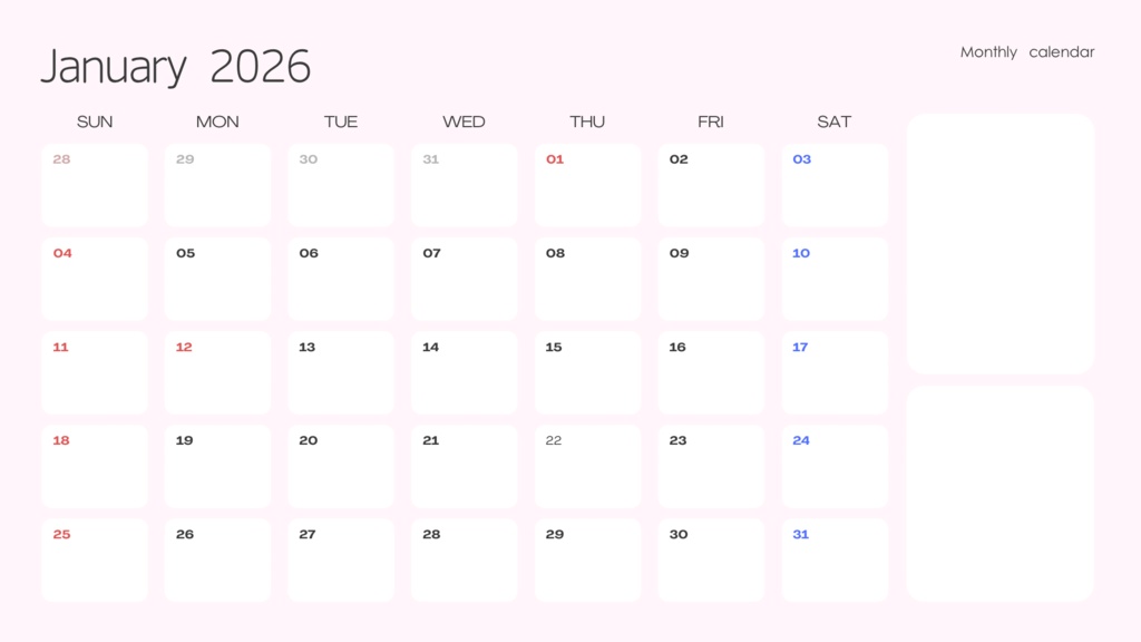 2026年シンプルでかわいいデジタルカレンダー